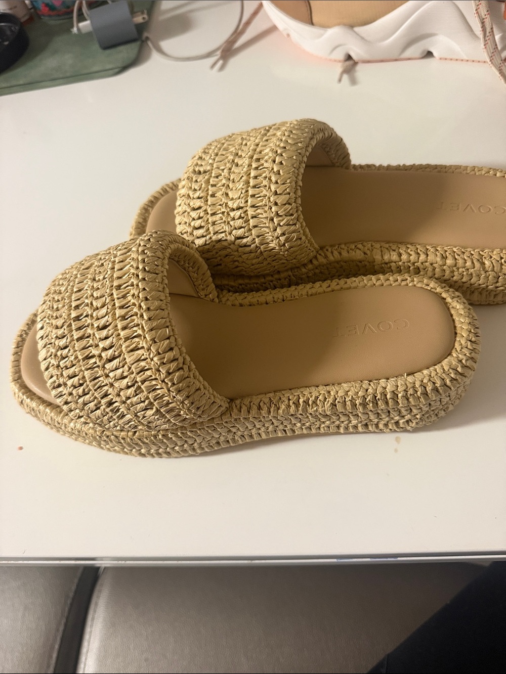 Woven Slide Sandals in Natural Straw by COVER